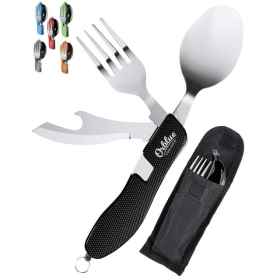 Orblue 4-in-1 Camping Utensils, 2-Pack, Portable Stainless Steel Spoon, Fork, Knife & Bottle Opener Combo Set - Travel, Backpacking Cutlery Multitool,